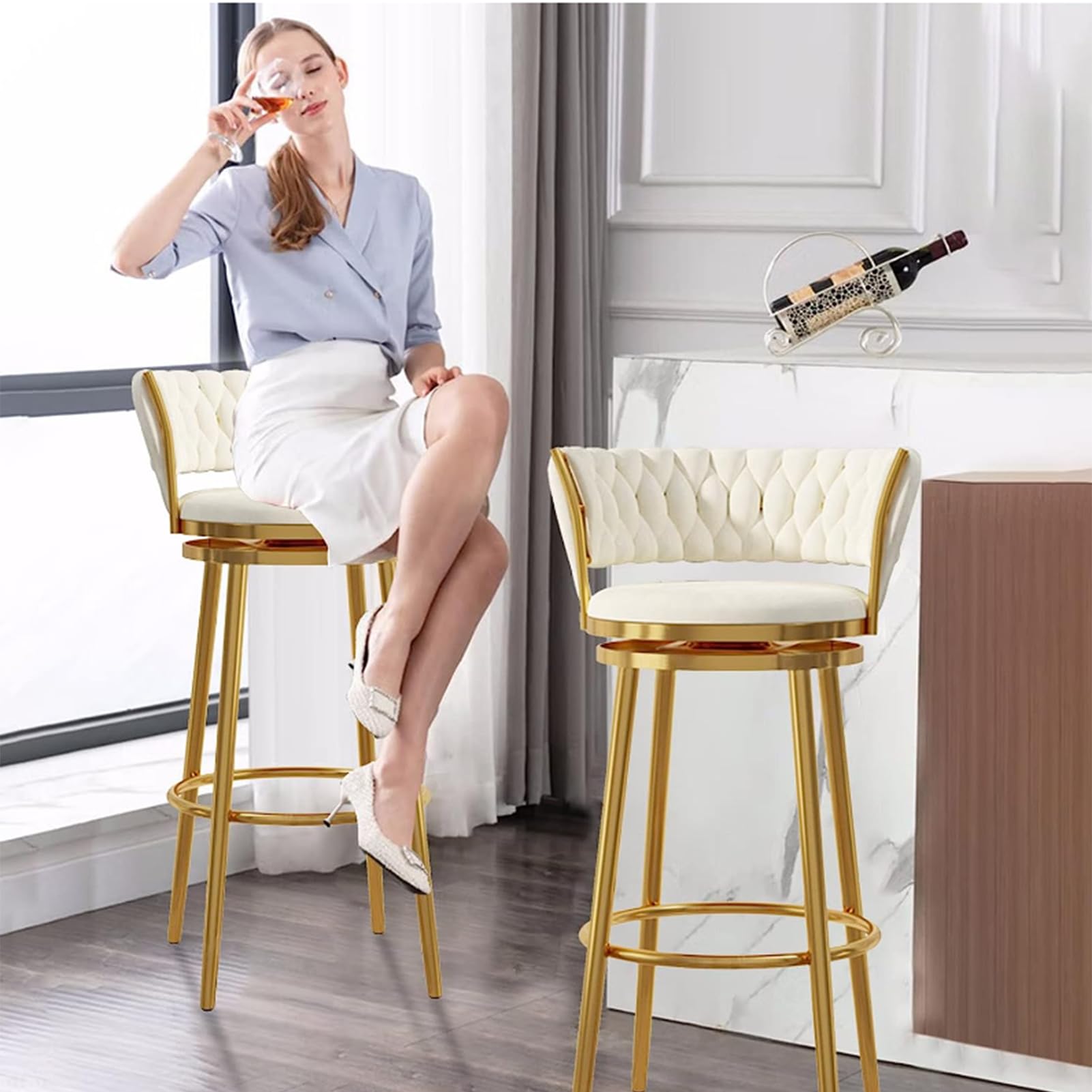 背もたれ椅子 回転バーチェア カウンター 白 ベルベット